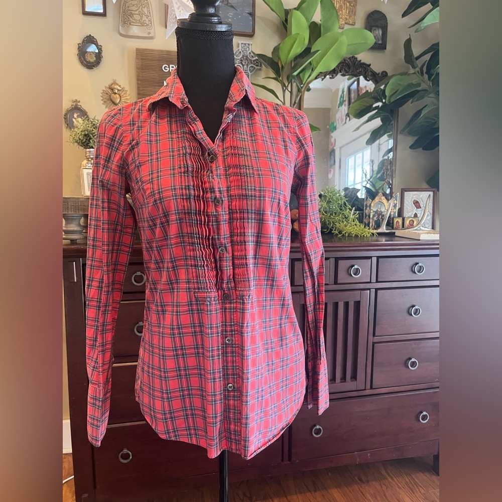 Women’s J. Crew Red and Blue Plaid Button Up Shirt Pleated front
